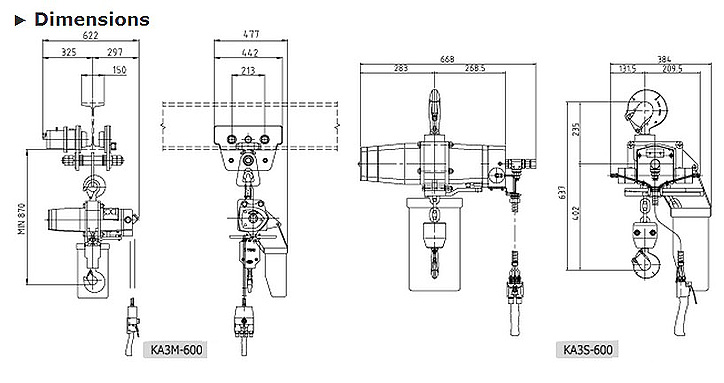 KA3-600型氣動葫蘆尺寸參數